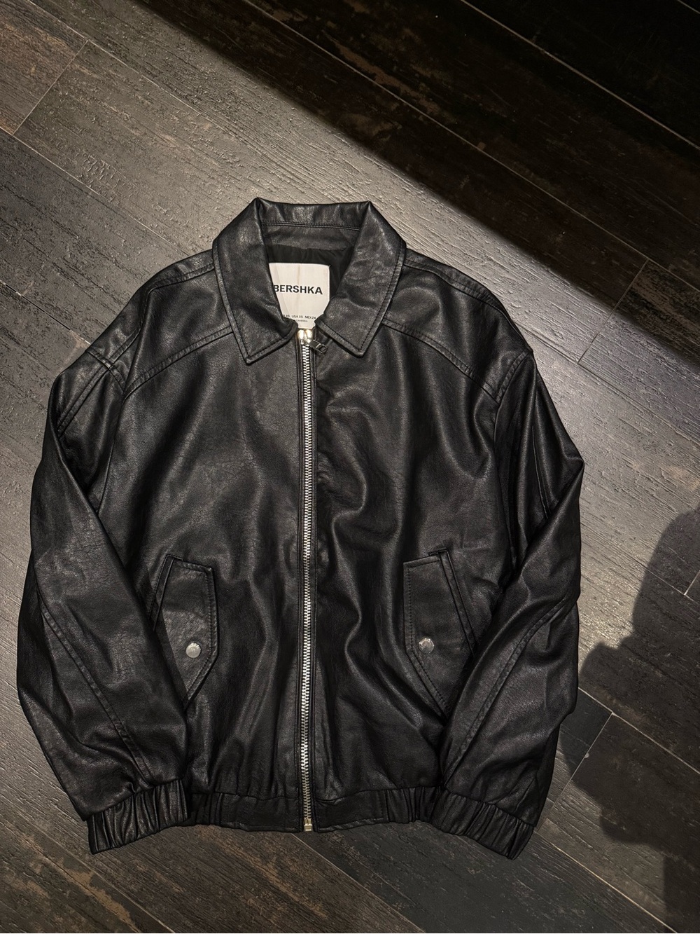 Bershka Black Faux Leather Bomber Jacket
